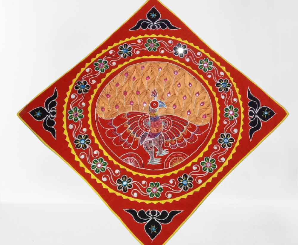 Bright Red Peacock Wall Hanging Pipli Work