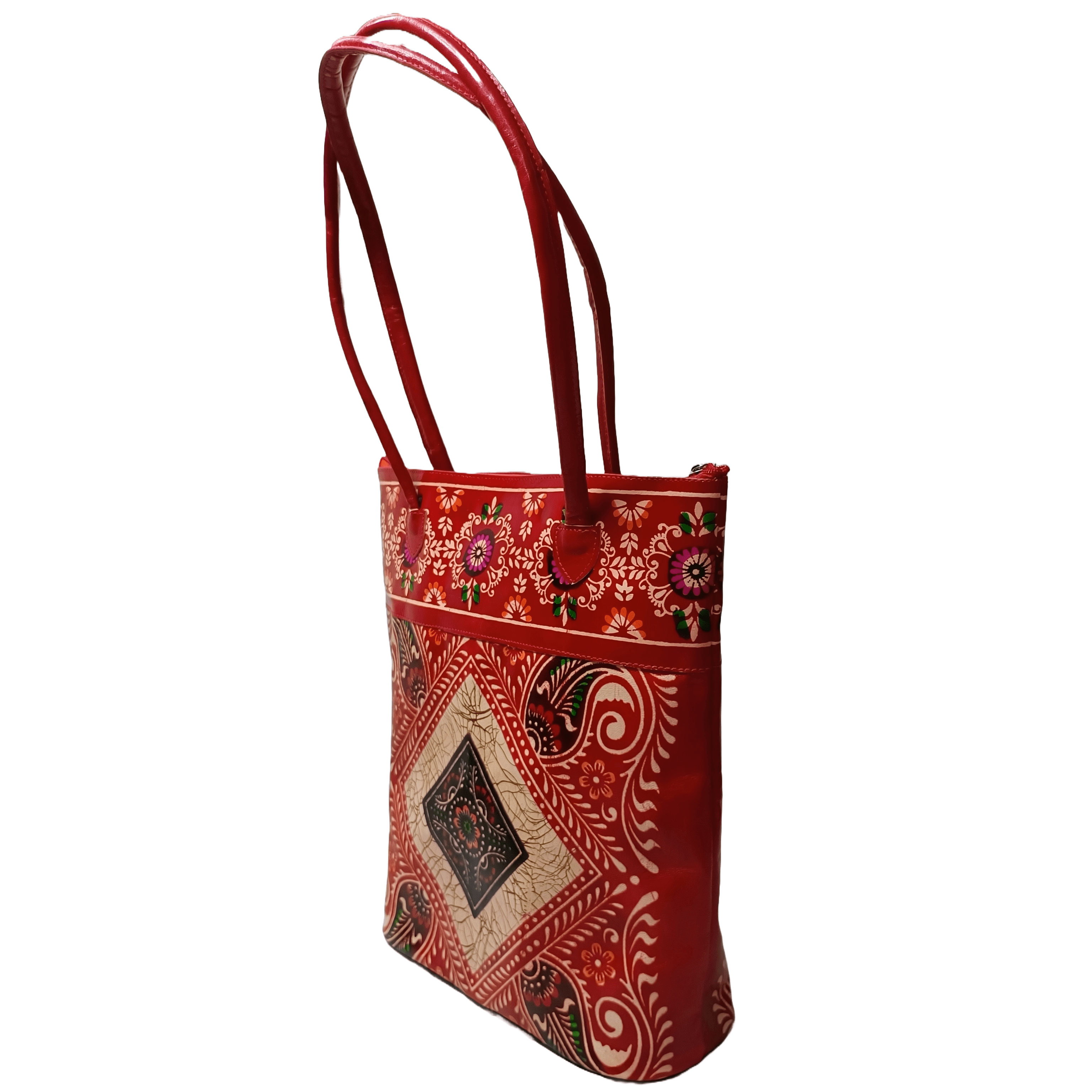 Shantiniketan Genuine Leather Handcrafted Batik Printed Big Size Shopping Bag - 0