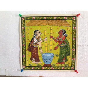Handicraft Epic Cheriyal Painting Of Beautiful Women Grinding And Mixing Spices