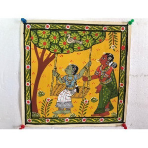Handicraft Epical Cheriyal Painting Of Beautiful Women Playing And Swinging Swing