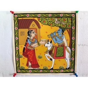Handmade Cheriyal Painting Of Elegant Krishna Playing Basuri With Beautiful Radha