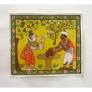 Traditional Handmade Beautiful Cheriyal Painting Of Two Women Making Mud Pot