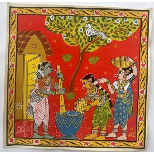 Customary Handmade Cheriyal Painting Of Two Beautiful Women Grinding Spices