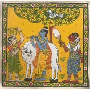 Customary Handmade Cheriyal Painting Of Elegant Krishna Playing Basuri With Gopiyaa