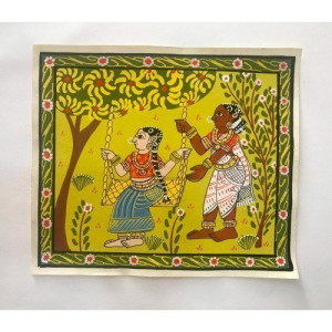 Customary Handmade Cheriyal Painting Of Beautiful Women Swinging on Swing