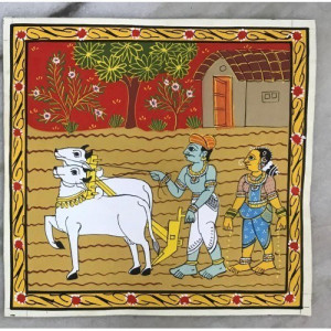 Handmade Cheriyal Painting Of Farmer Plowing The Field