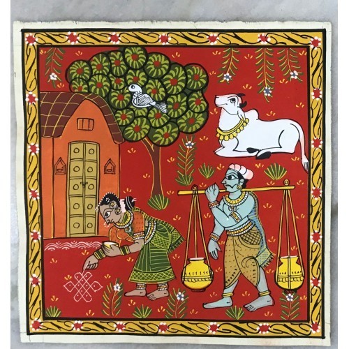Handmade Cheriyal Painting Of Village Women Running Mill