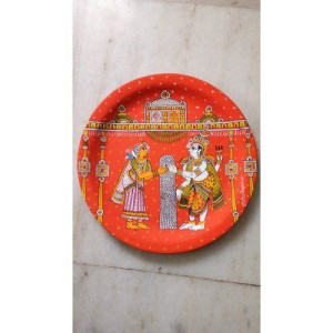 Handicraft Traditional Beautiful Cheriyal Painting Of Shiva Parvati Kalyanam On Plate
