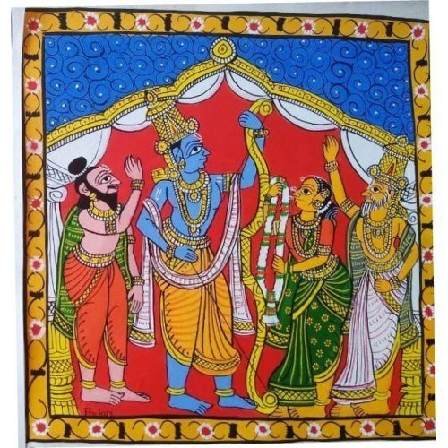 Traditional Handmade Beautiful Nakashi Art of Lord Ram Sita Swayamwar Cheriyal Painting 15x15 inches