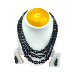Classy Grey Glossy Finish Glass Beads 3 Line Necklace Set