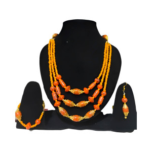 Classy Orange Glass Beads 3 Line Necklace Set