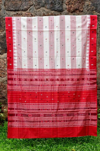 Classy White & Red Designer Prints Berhampur Saree
