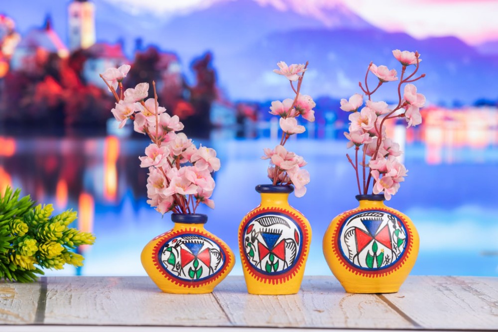 Colourful pattern Terracota Vase set of 3