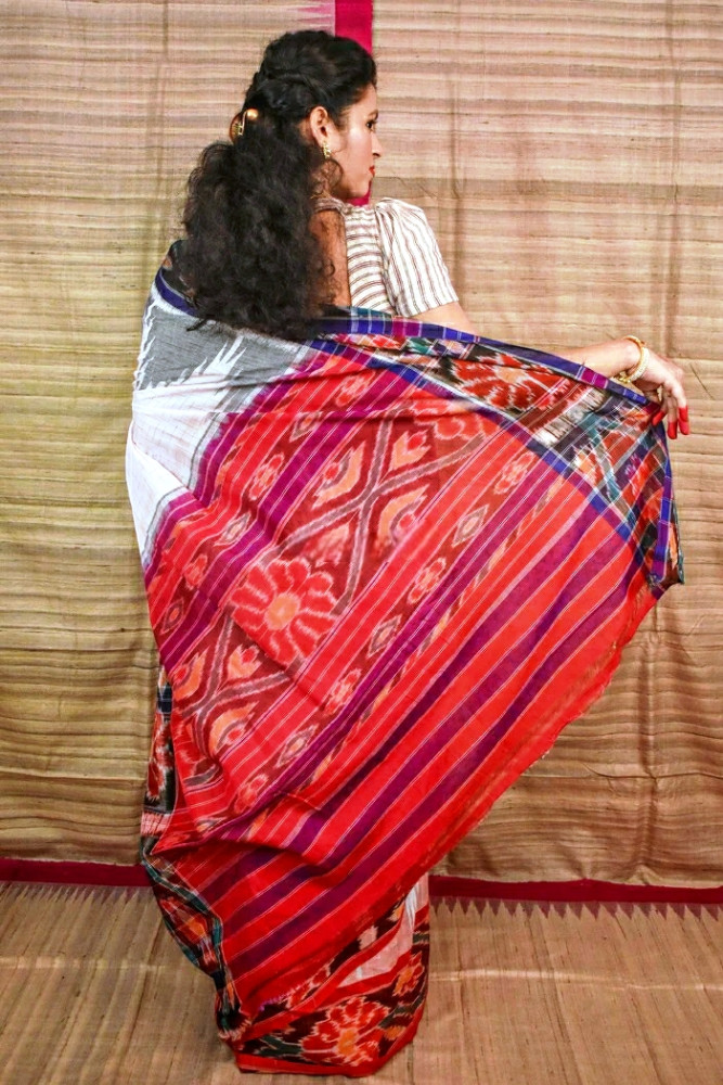 Colourful White & Red Kotpad Handloom Saree - 1