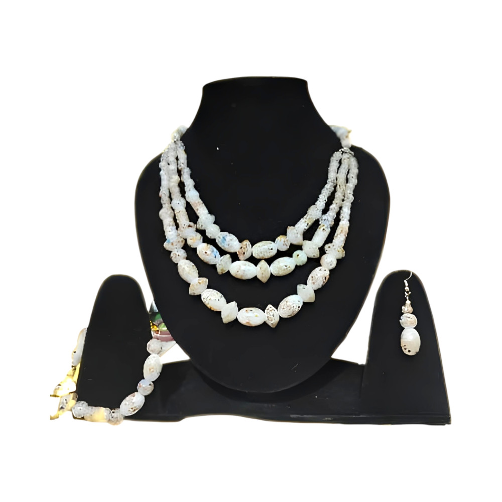 Cream Glass Beads 3 Line Necklace Set