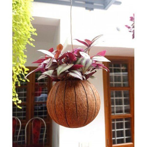 Eco-Friendly Flower Hanging Pot Brass Broidered Coconut Shell Crafts Of Kerala set of 2