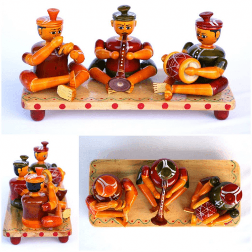 Sterling Handmade Etikoppaka Wooden Toy Of Populace Shehnai Set Of 3 Dolls