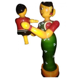 Lacquer Wooden Etikoppaka Toy Of Mother Child Love Multicolor for Gifting or Decoration Purpose