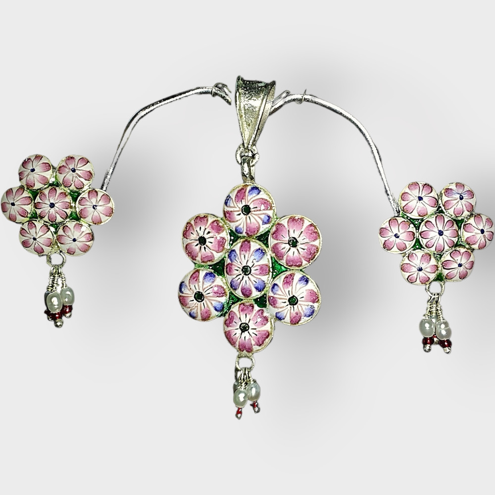 Flower Design Pendent & Earrings Set Meenakari Art - 0