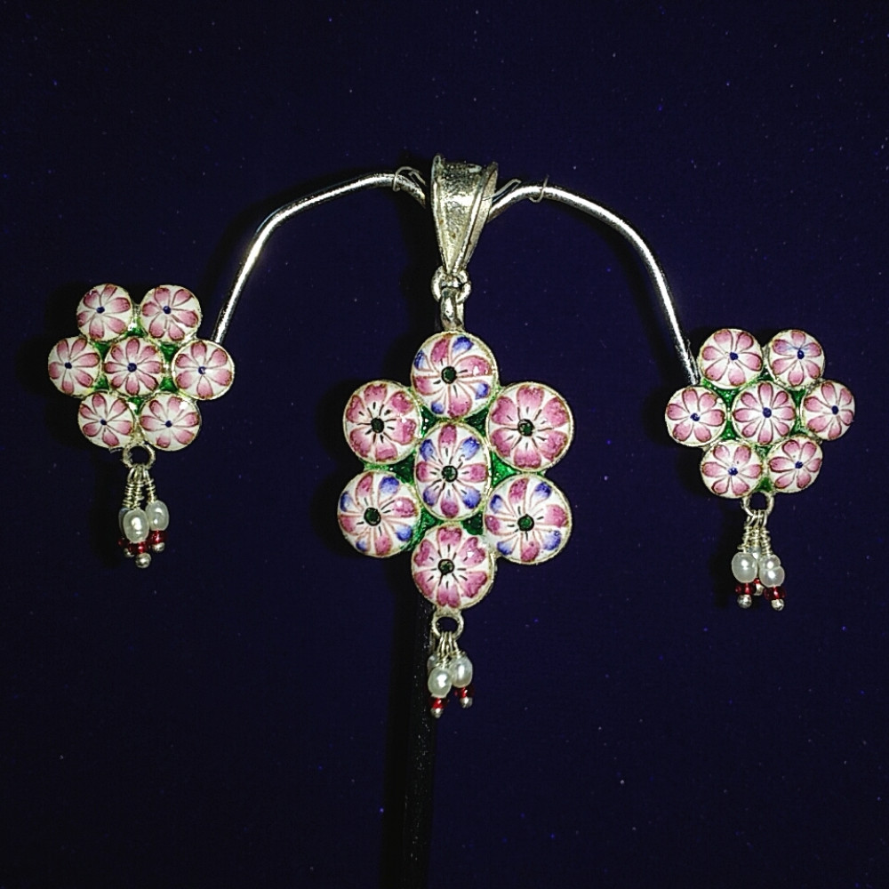 Flower Design Pendent & Earrings Set Meenakari Art - 1