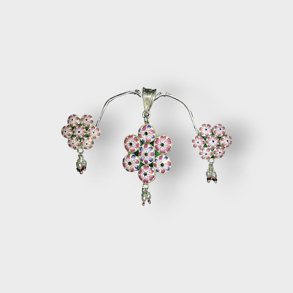 Flower Design Pendent & Earrings Set Meenakari Art