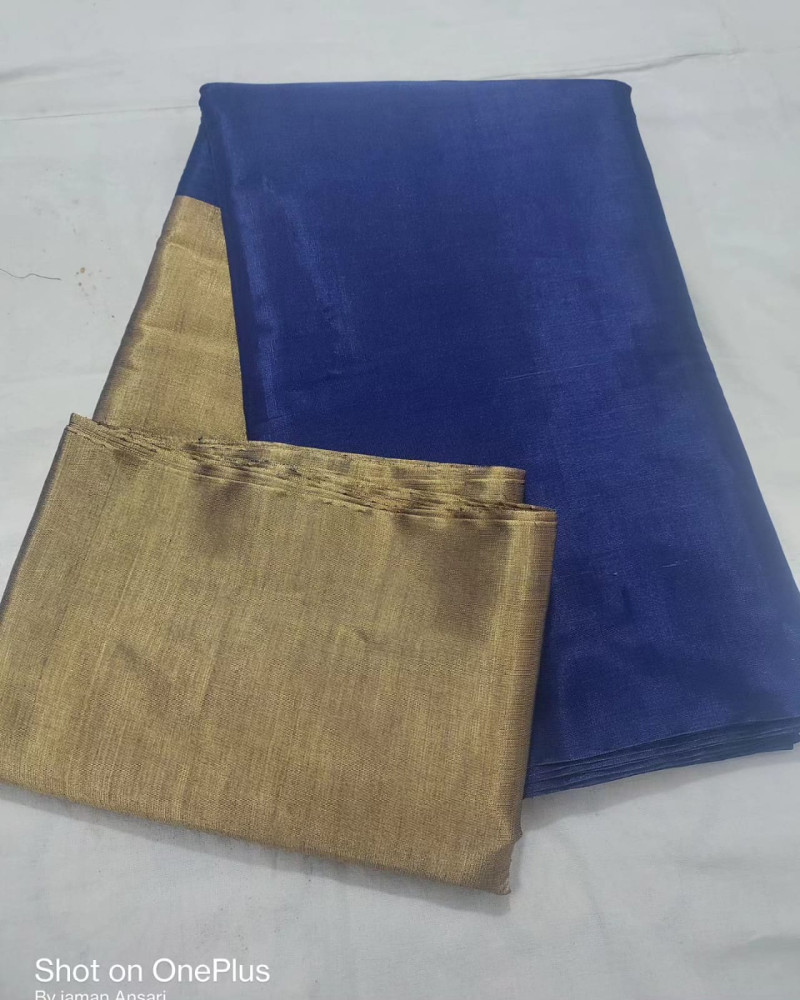 Gold & Ink Blue Tussar Silk Chanderi Saree - 2