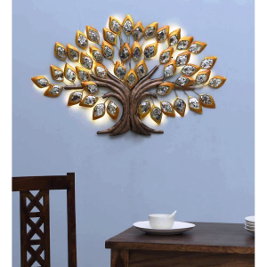Golden Iron Oak Mosaic Tree With Led Metal Wall Art