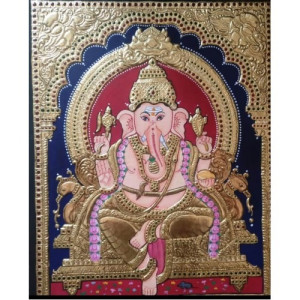 Golden Traditional Thanjavur Painting of Lord Ganesha with Grand Corner Designs