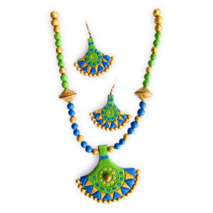 Green and Blue Colour Molela Terracotta Clay Beautiful Necklace Set