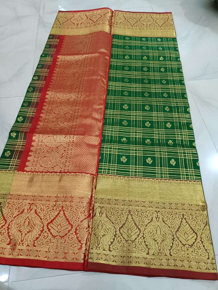 Green Checked Venkatagiri Saree - 0