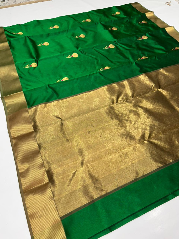 Green & Gold Butta Chanderi Pattu Saree - 1