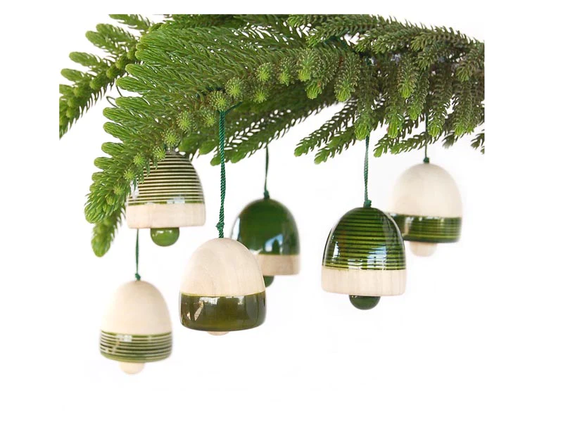 Handcrafted Wooden Christmas Decor -Bells Set of 6 - Green