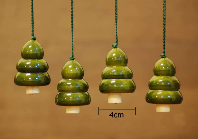 Handcrafted Wooden Christmas Decor - Tree Bell Green set of 4