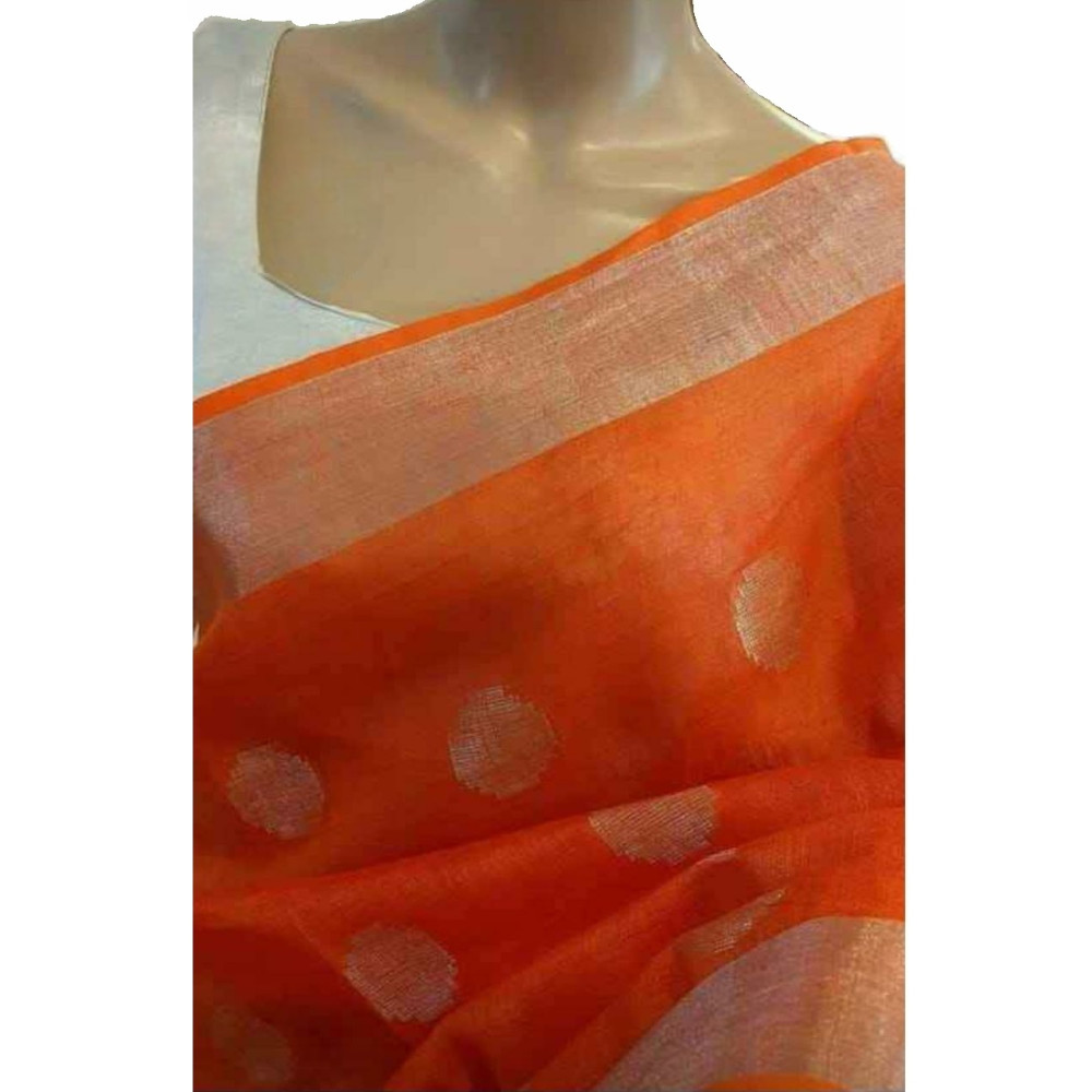 Handloom Fancy Orange & Silver Border Saree