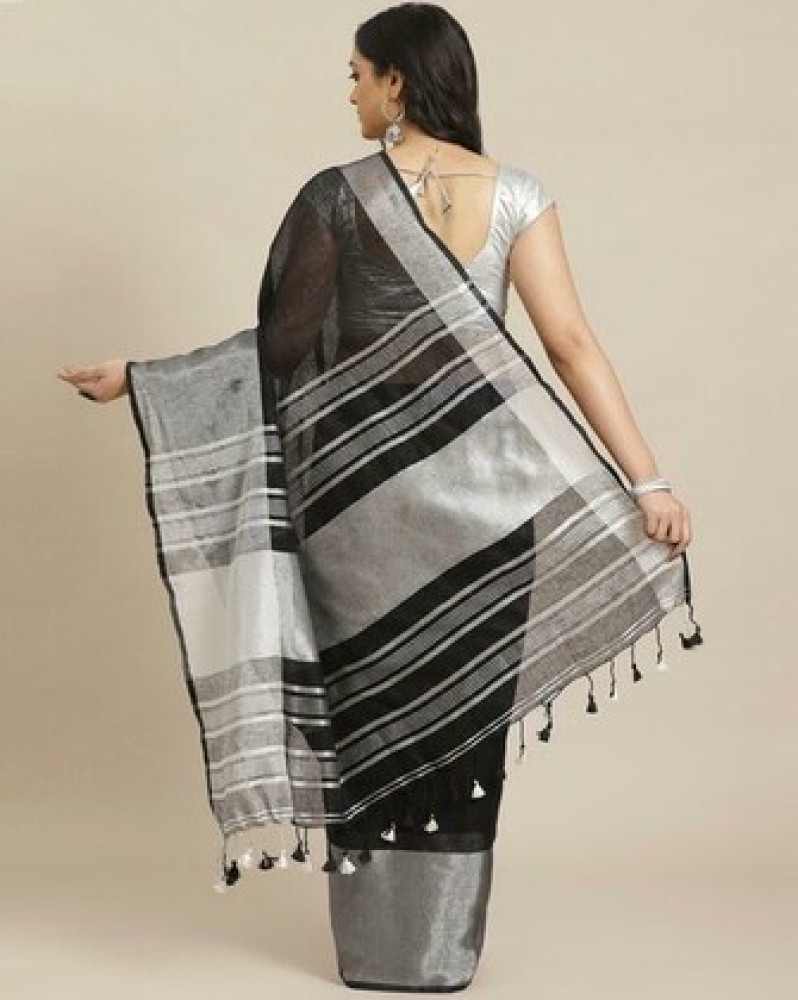 Handloom Linen Saree (Black) With Zari Border - 0