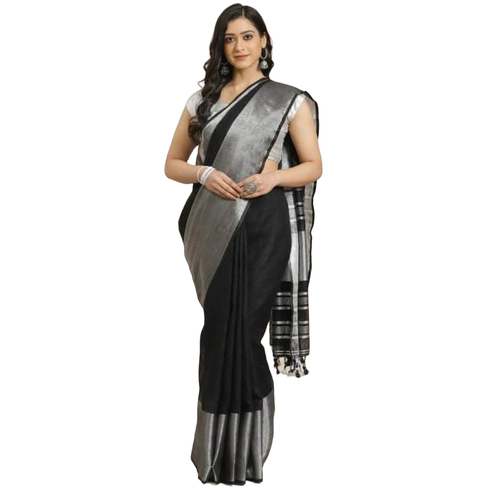 Handloom Linen Saree (Black) With Zari Border