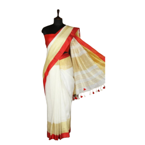 Handloom Linen Saree White With Red Border