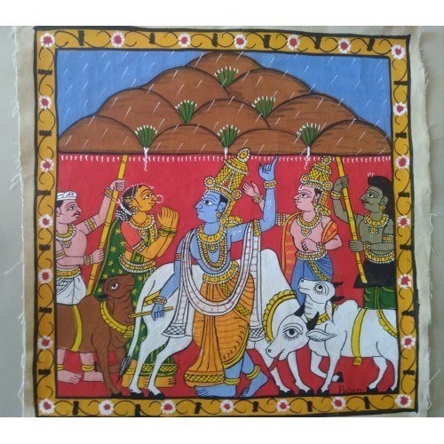 Handmade Beautiful Lord Krishna Govardhan Parvat Cheriyal Painting
