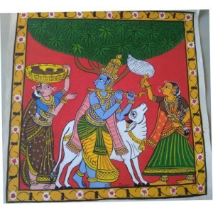 Handmade Beautiful Lord Krishna Playing Flute Cheriyal Painting