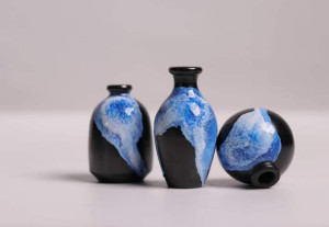 Handmade Eco-friendly Beautiful Black Pottery of Nizamabad Mini Pot Set of 3 Blue Colour