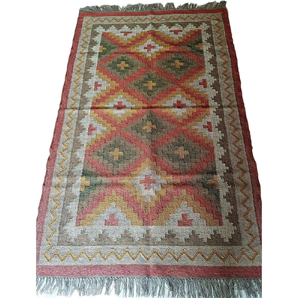 Handmade Mirzapur Kilim Rugs Wool Jute Red Brown