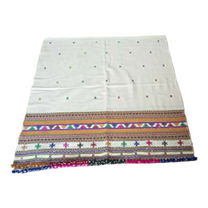 Handwoven Acrylic Wool Bhujodi White Embroidered Shawl