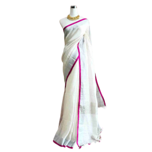Handwoven Saree Linen By Linen 100 Count White & Pink