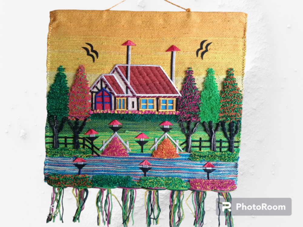 Jute Wall Hanging of Colourful House with Trees - 0