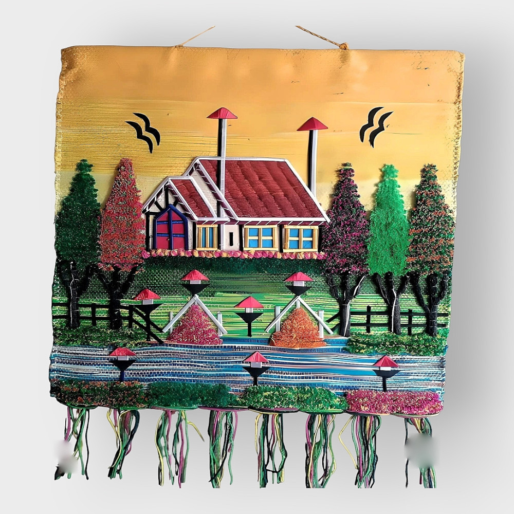 Jute Wall Hanging of Colourful House with Trees