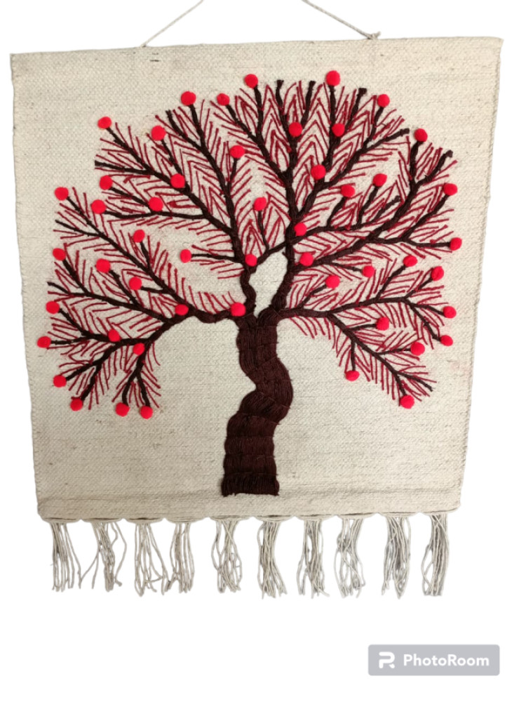 Jute Wall Hanging of Tree with Red Flowers - 0