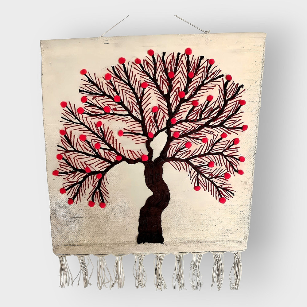 Jute Wall Hanging of Tree with Red Flowers