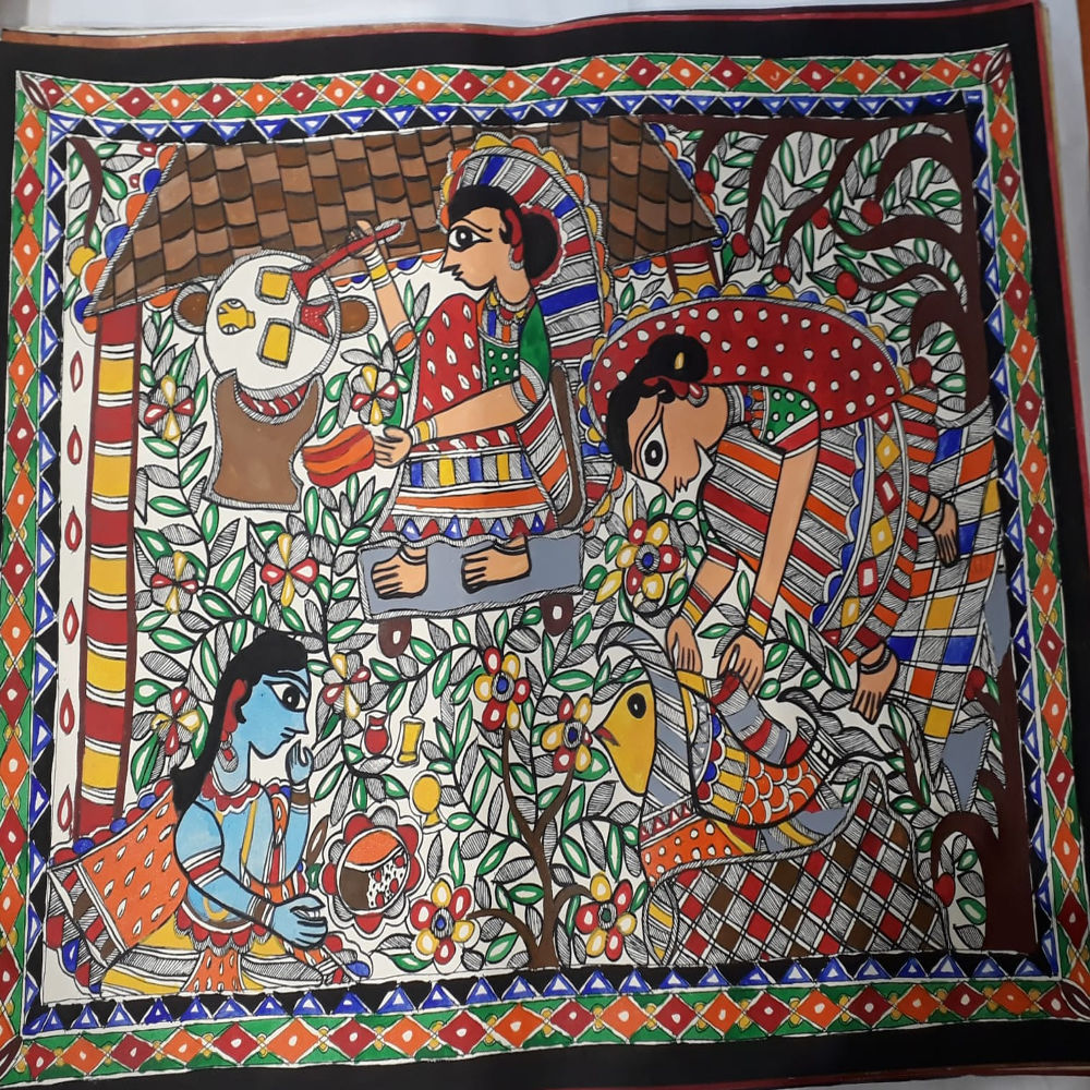 Krishna & Gopikas Cooking In Forest Madhubani Painting