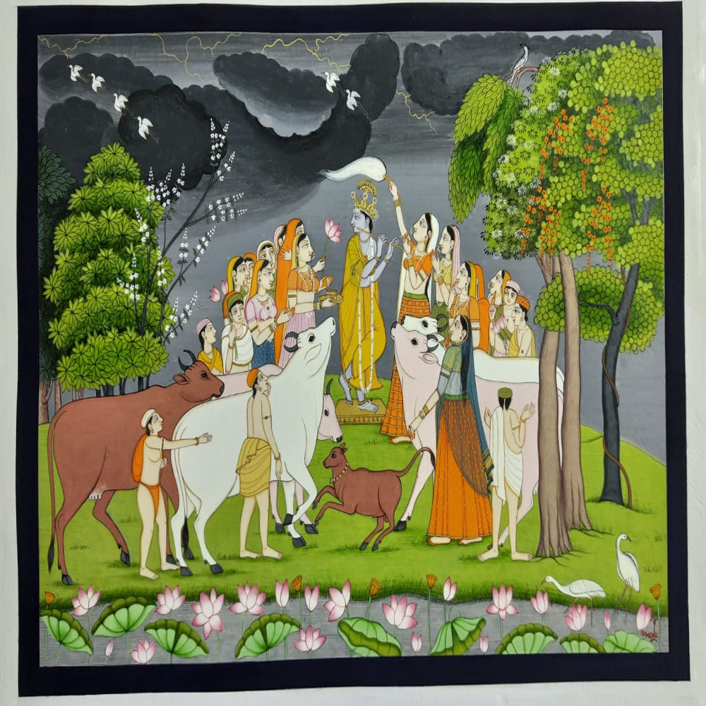 Krishna With Men Of Brindavan Painting (10x15inch)