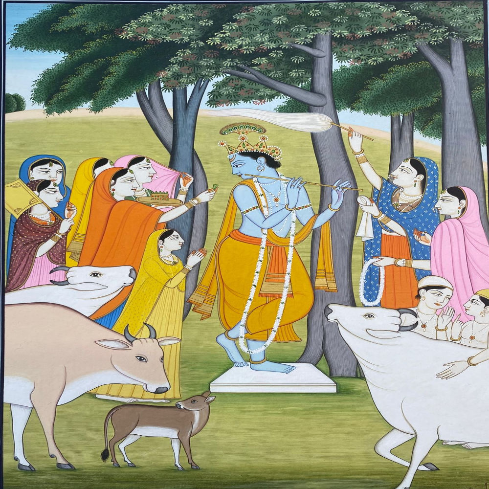 Krishna With People Of Brindavan Painting (9x13inch)